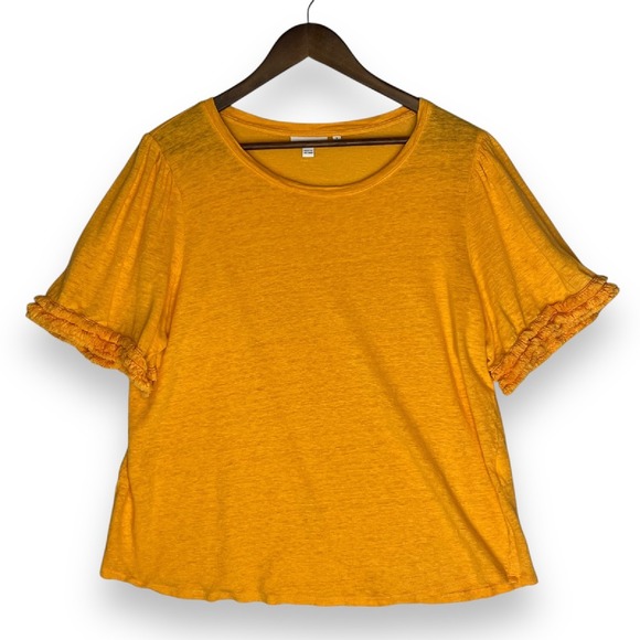 Chico's 100% Linen Top Ruffle Sleeve Orange Gold Short‎ Sleeve Blouse T-Shirt XL - Picture 1 of 13